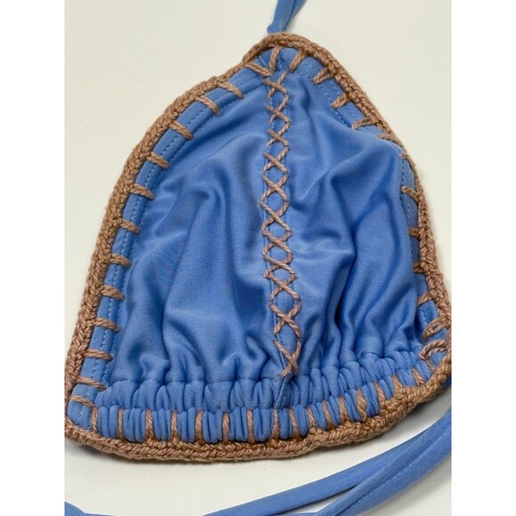 Crochet Boho Bikini Top Light Blue Triangle Swimwear Medium Festival Beachwear - Picture 2 of 4